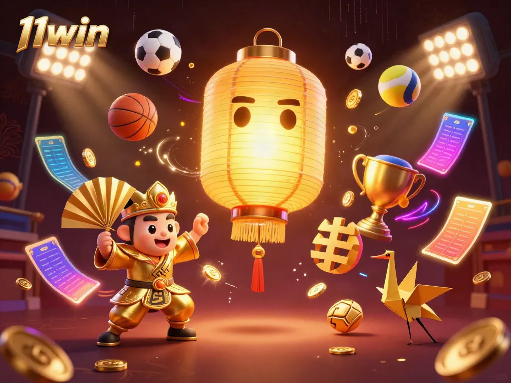 Experience thrilling action with 11win, a vibrant casino scene featuring a glowing lantern spirit and dynamic sports elements.
