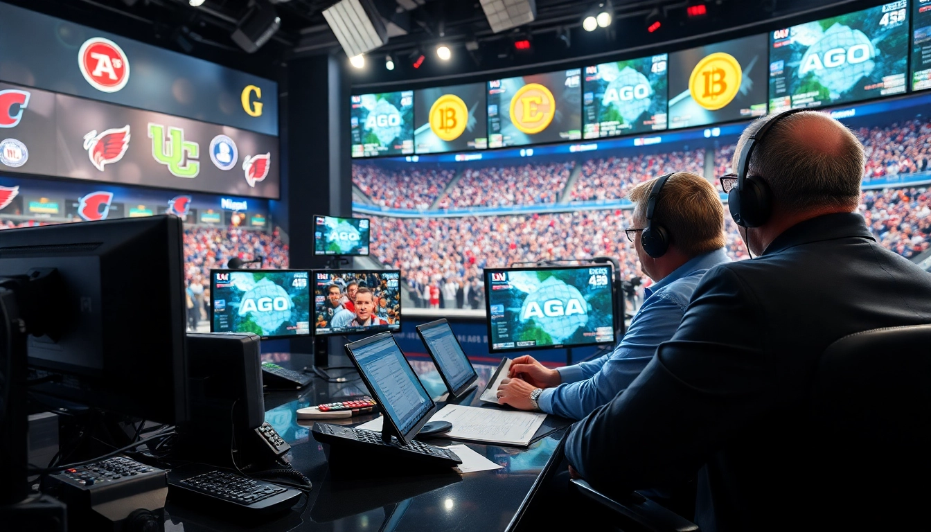 Dynamic sports broadcasting session showcasing hosts engaging with live stats and visuals.