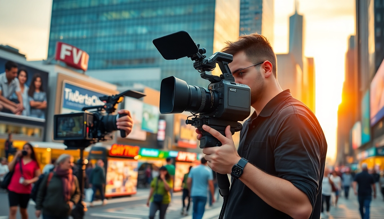 Capture of a professional video production setup by a videographer in a lively urban environment.