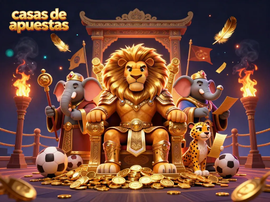 Apuesta en casas de apuestas con un rey león, un elefante sabio y un guepardo mensajero en un entorno de casino vibrante.
