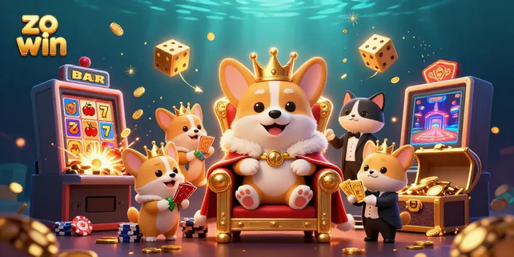 Spin the reels with zo win in a vibrant 3D casino adventure featuring royal corgis and jackpots.