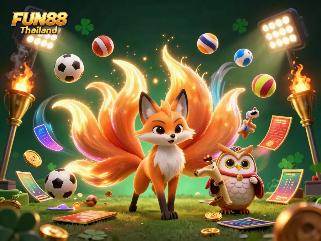 Experience FUN88 Thailand with vibrant 3D cartoon elements showcasing thrilling sports betting and a magical atmosphere.