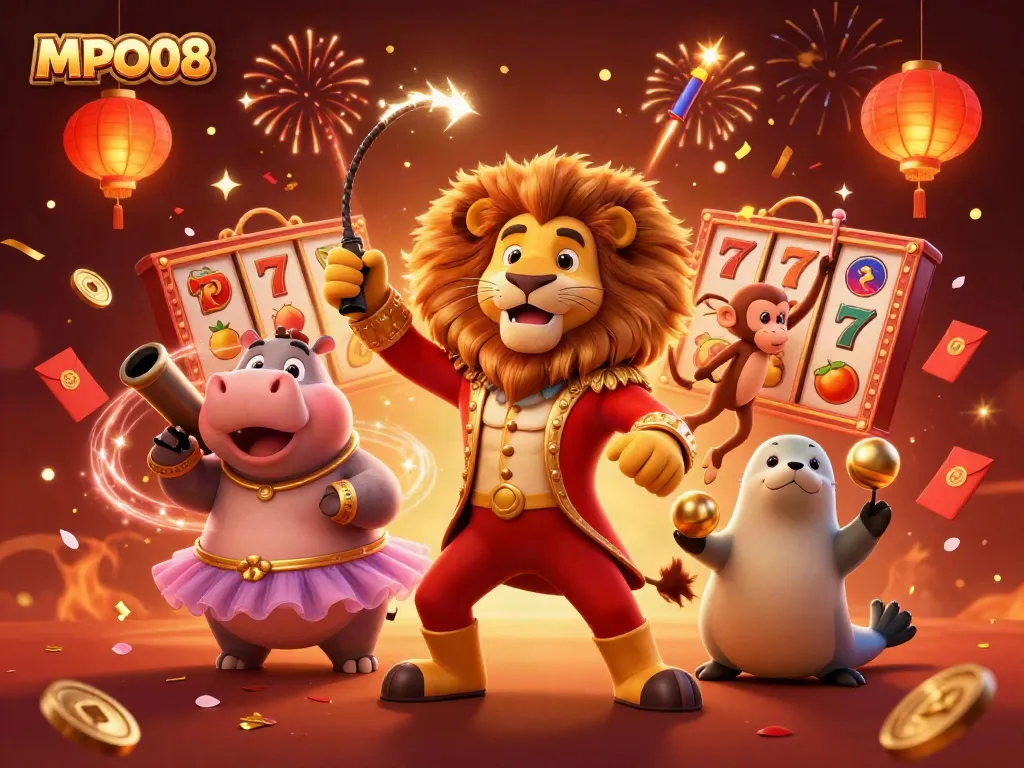 MPO08 platform game illustration showcasing vibrant characters and slot elements, celebrating winnings.