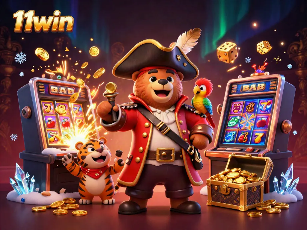 Engaging scene of 11win gaming featuring a pirate bear captain, tiger friend, treasure map, and slot machine bursting with coins.