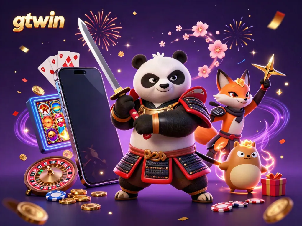 Engage with gtwin's vibrant online casino scene featuring a samurai panda, a ninja fox, and gambling elements.