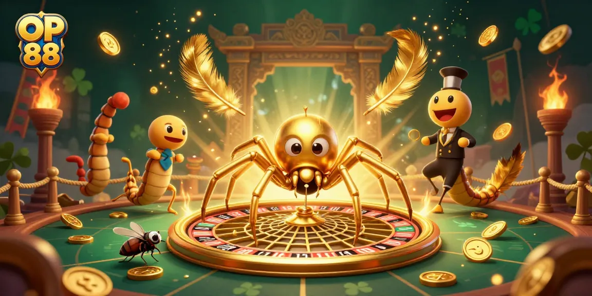 Engage with OP 88's 3D casino scene featuring a golden spider roulette wheel and centipede croupier.