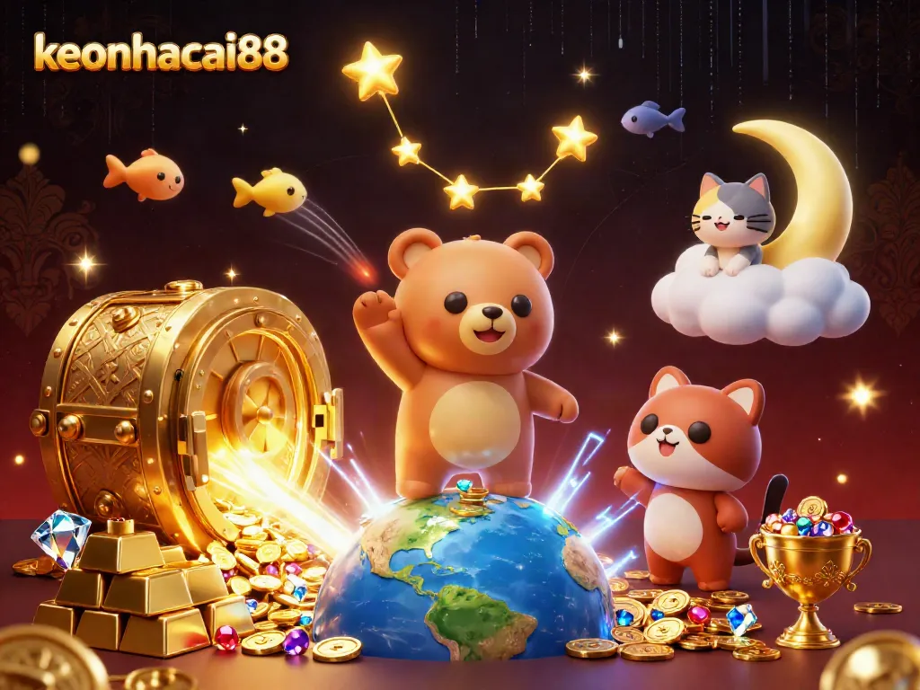 Experience the excitement of keonhacai88 with stars scooping coins while dynamic treasure bursts illuminate the sky.