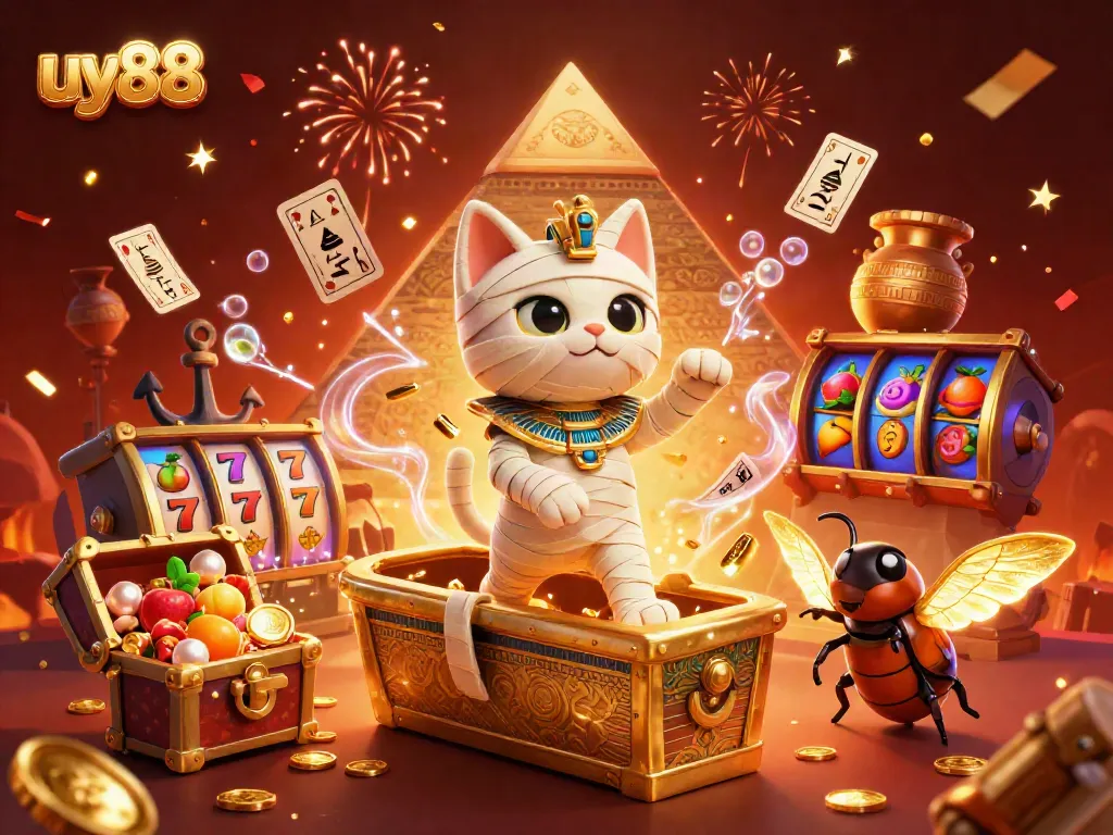 Experience thrilling excitement at uy88 with 3D characters amid vibrant gaming elements and dazzling treasures.