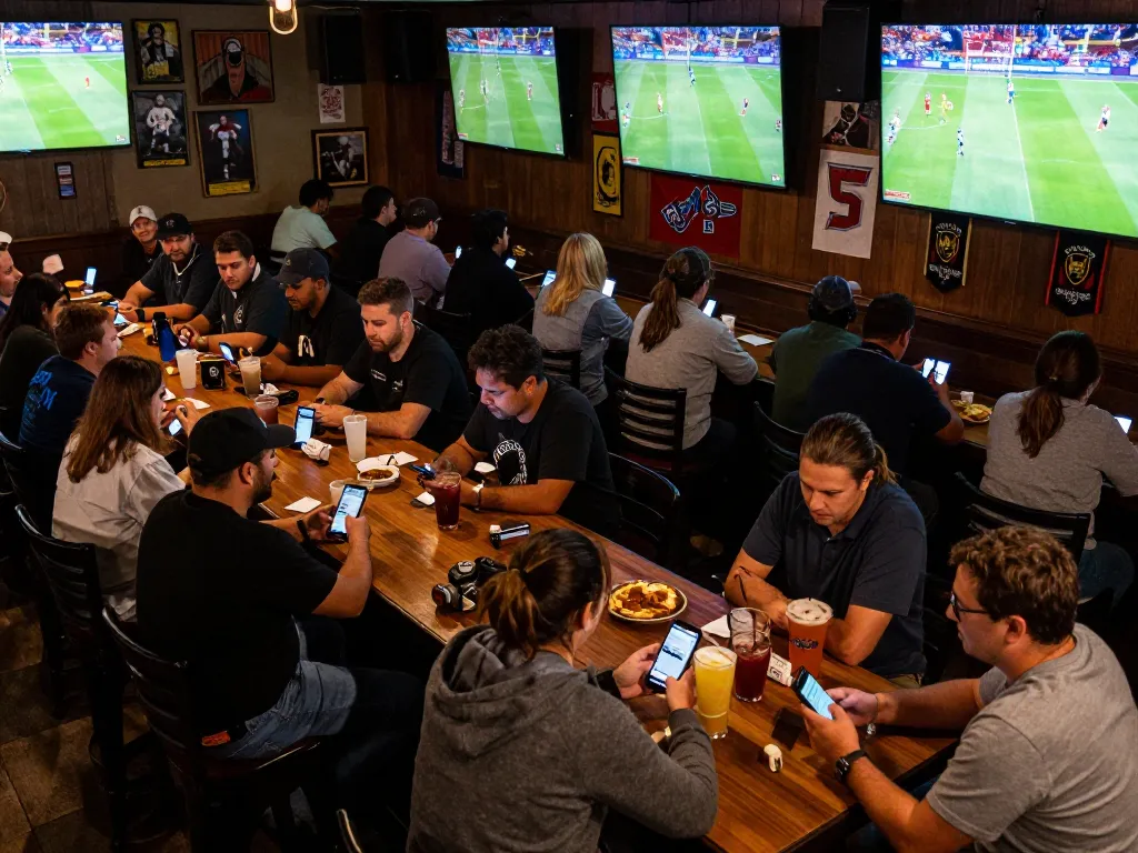 Excited sports fans engaging in kèo nhà cái betting at a lively sports bar during a match
