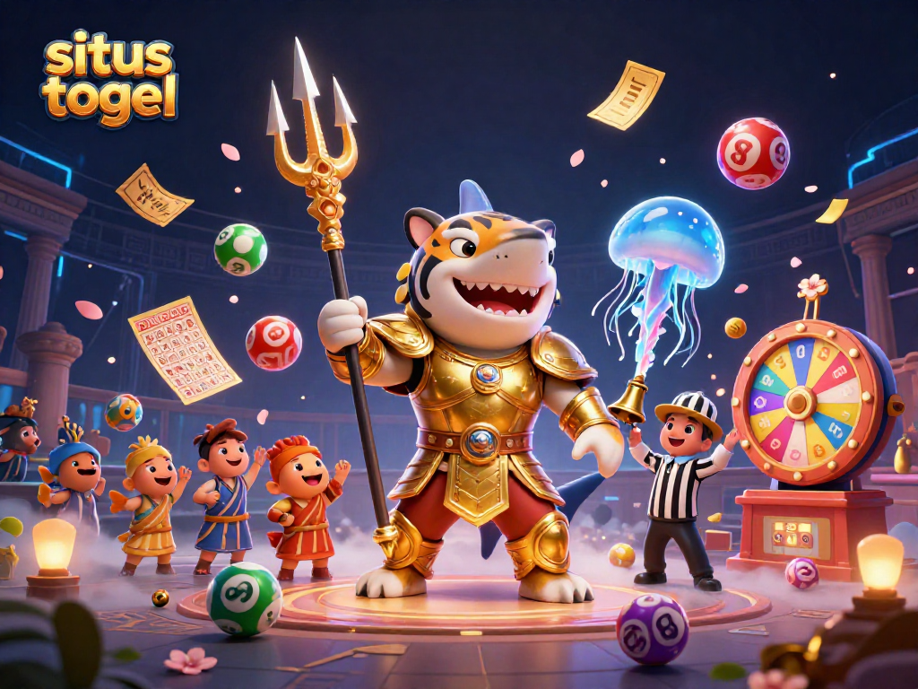 Experience the thrill of situs togel with dazzling lottery elements and a mighty tiger shark in a vibrant underwater scene.