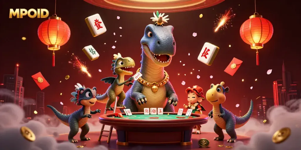 MPOID showcases vibrant casino action with a brontosaurus and clever raptor amid dynamic gaming elements.