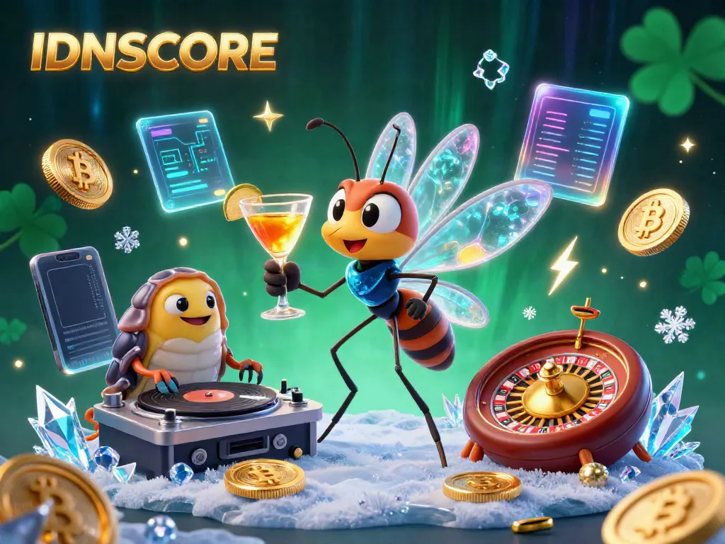 Engage with IDNSCORE’s vibrant casino experience featuring a frozen mosquito mascot, trilobite DJ, and golden roulette wheel.