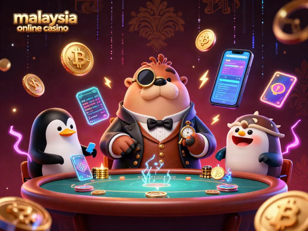 Play poker in a vibrant malaysia online casino featuring unique characters and bright crypto elements.