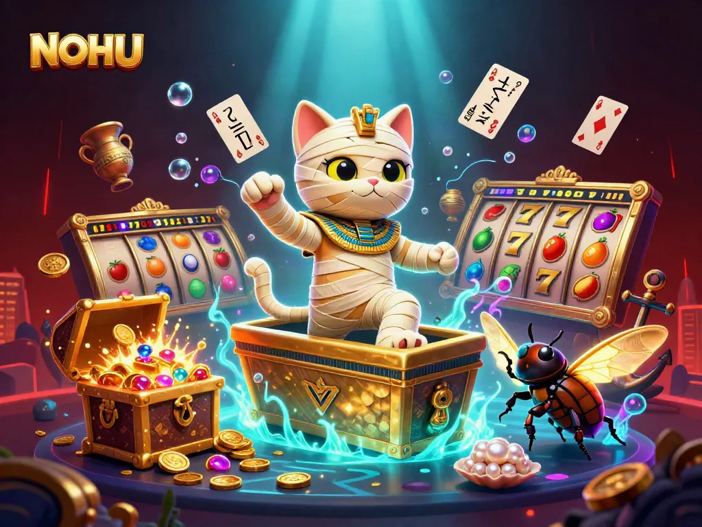 Experience thrilling gameplay at NOHU casino with 3D cartoon Egyptian characters and dynamic game elements.