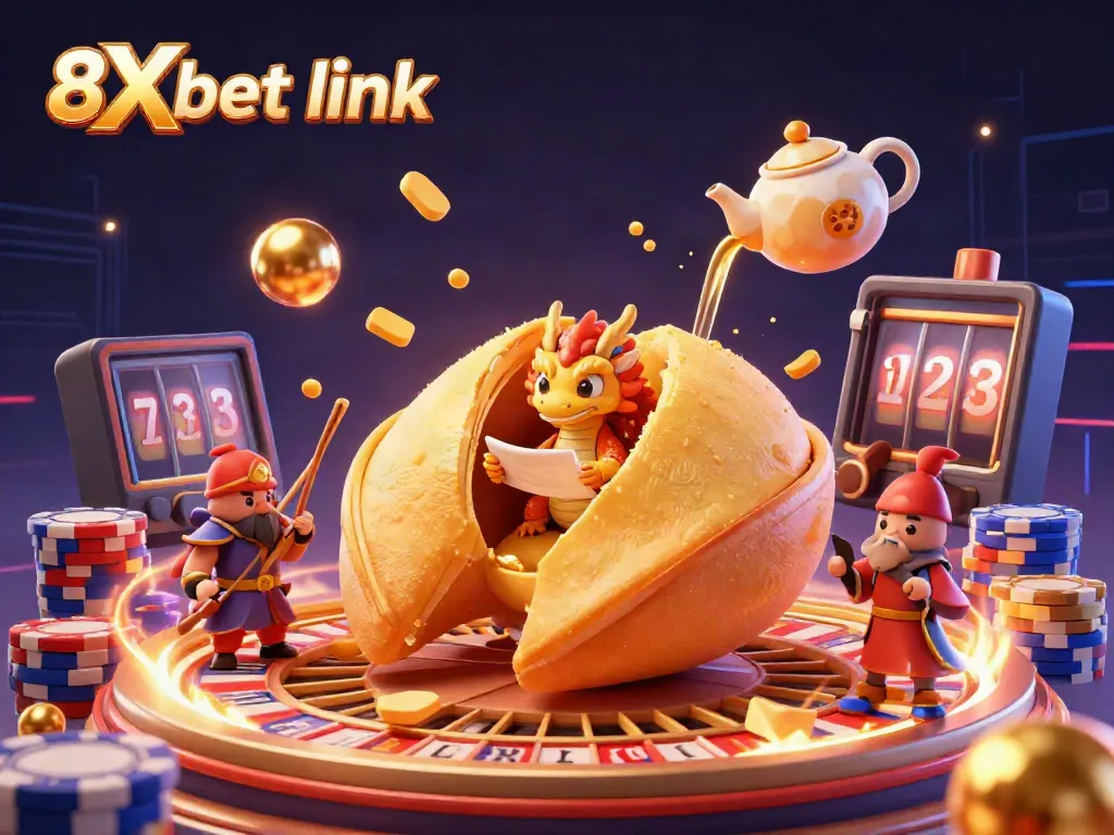 Engage with exciting gameplay at 8Xbet link in a vibrant casino scene filled with golden coins and animated characters.