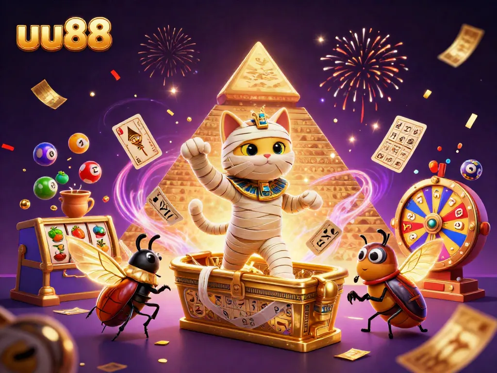 uu88 engagement through thrilling casino adventures featuring a lively mummy cat and glowing scarab.
