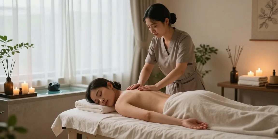 Enjoying 화성출장마사지 in a serene spa environment with candles and essential oils.