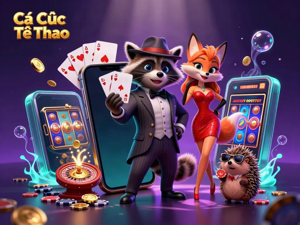 Cá Cược Thể Thao showcases a raccoon, fox, and hedgehog enjoying a vibrant casino scene with dynamic elements.
