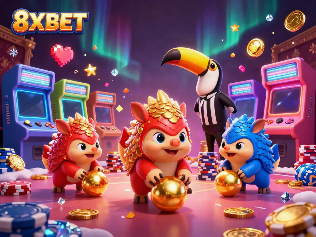 Bowling pangolins in 8XBET casino setting with poker chips and gaming machines