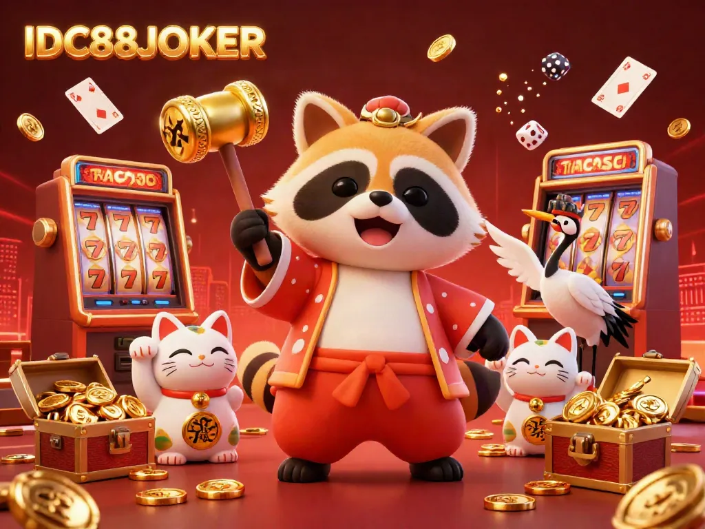 Cheerful tanuki at IDC88JOKER casino surrounded by colorful fortune cats and gold coins.