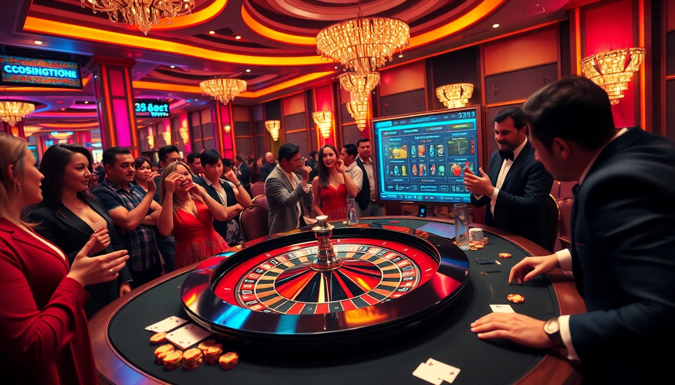 Experience the thrill of 8kbet with poker chips and a roulette wheel in a luxurious casino.