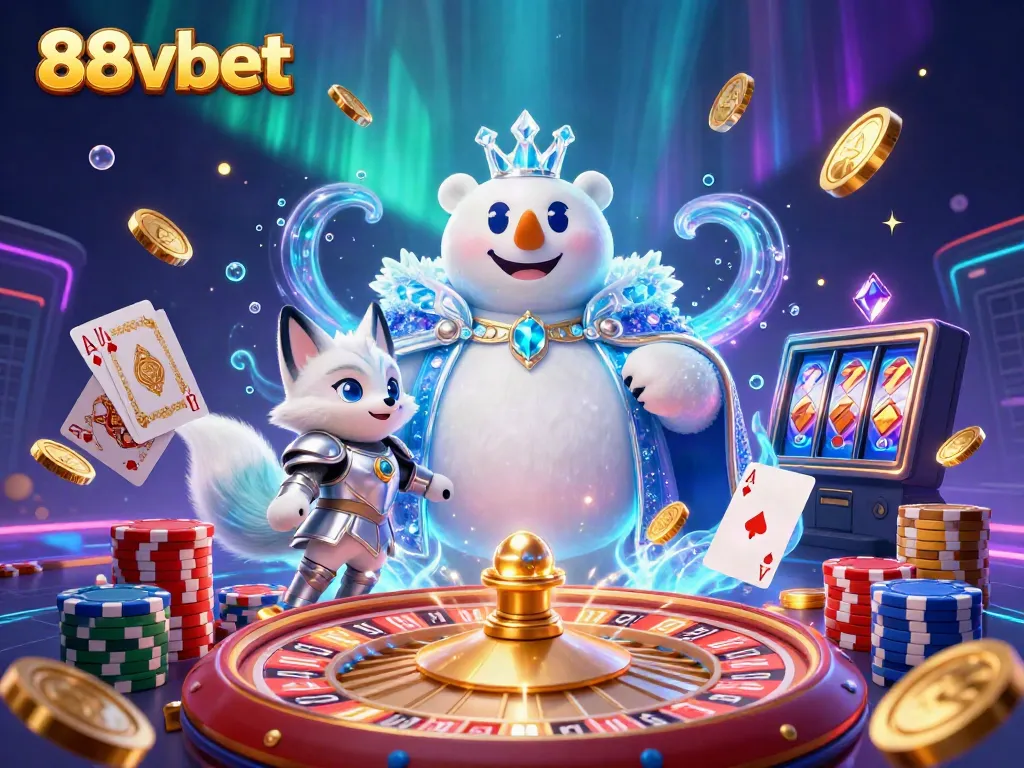 Engage in exciting activities with 88vbet as polar bear and snow fox enjoy a vibrant casino scene.
