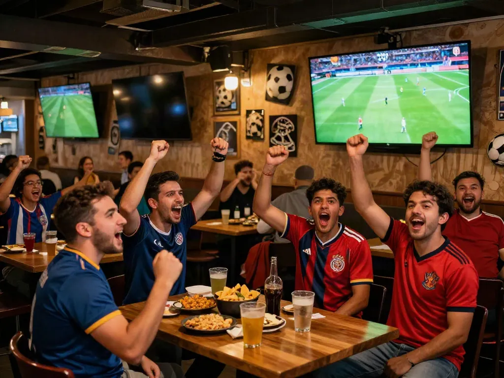 Fans enjoying football at https://socolivekz.uk in a lively sports bar atmosphere.