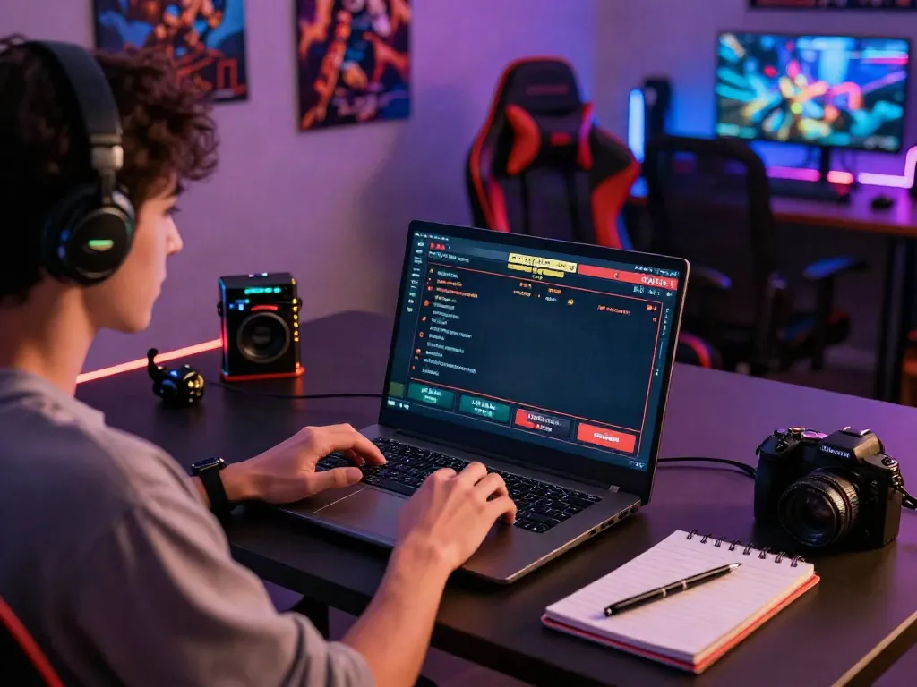Engaged gamer playing live casino on laptop, ku88 gaming atmosphere with vibrant decor.