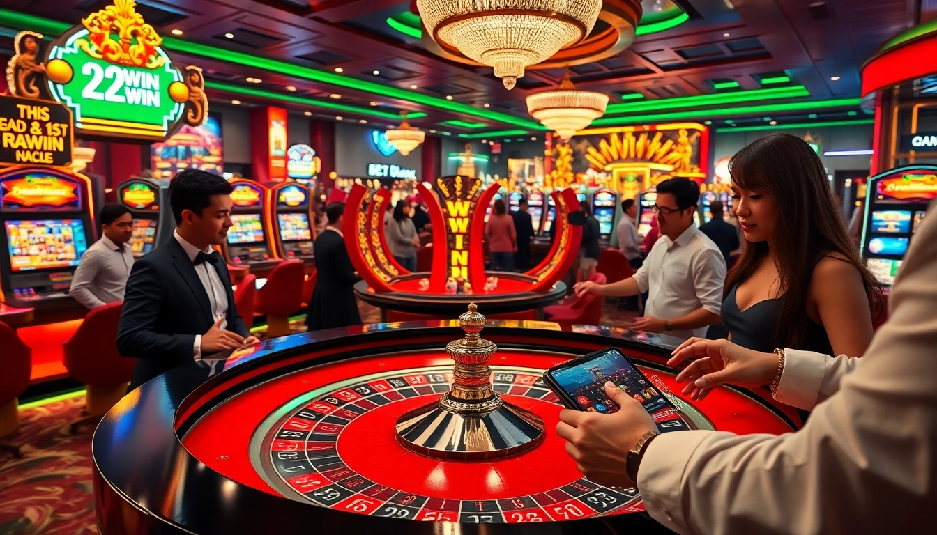 Players enjoying games at a luxury casino scene featuring 23WIN betting options.