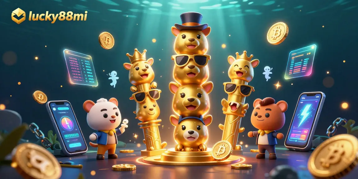 Engage in thrilling adventures at lucky88mi with a golden totem pole surrounded by crypto elements and vibrant casino accessories.