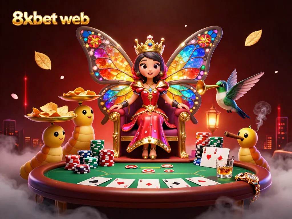Experience the thrill of interactive gaming with the vibrant 8xbet web, featuring a colorful casino scene with a butterfly queen.