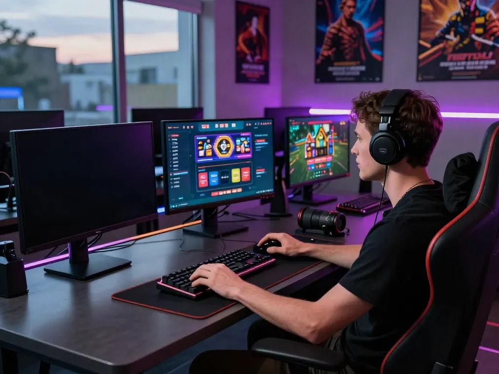 Male gamer immersed in the manclub gaming platform surrounded by modern tech and ambient lighting