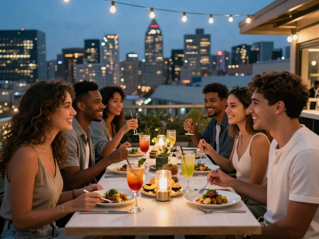 NoHu rooftop dining experience with diverse friends enjoying city views and gourmet food.