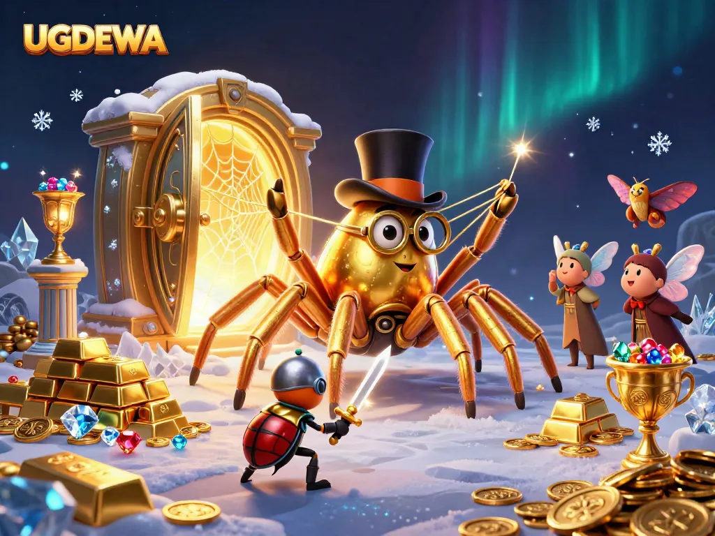 Spin for treasures at UGDEWA with a golden tarantula and knight in a vibrant casino scene.