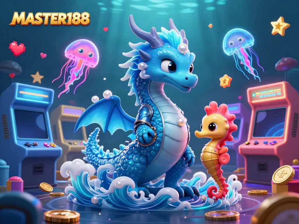 Engaging scene of the MASTER188 online casino featuring a water dragon and arcade game elements.