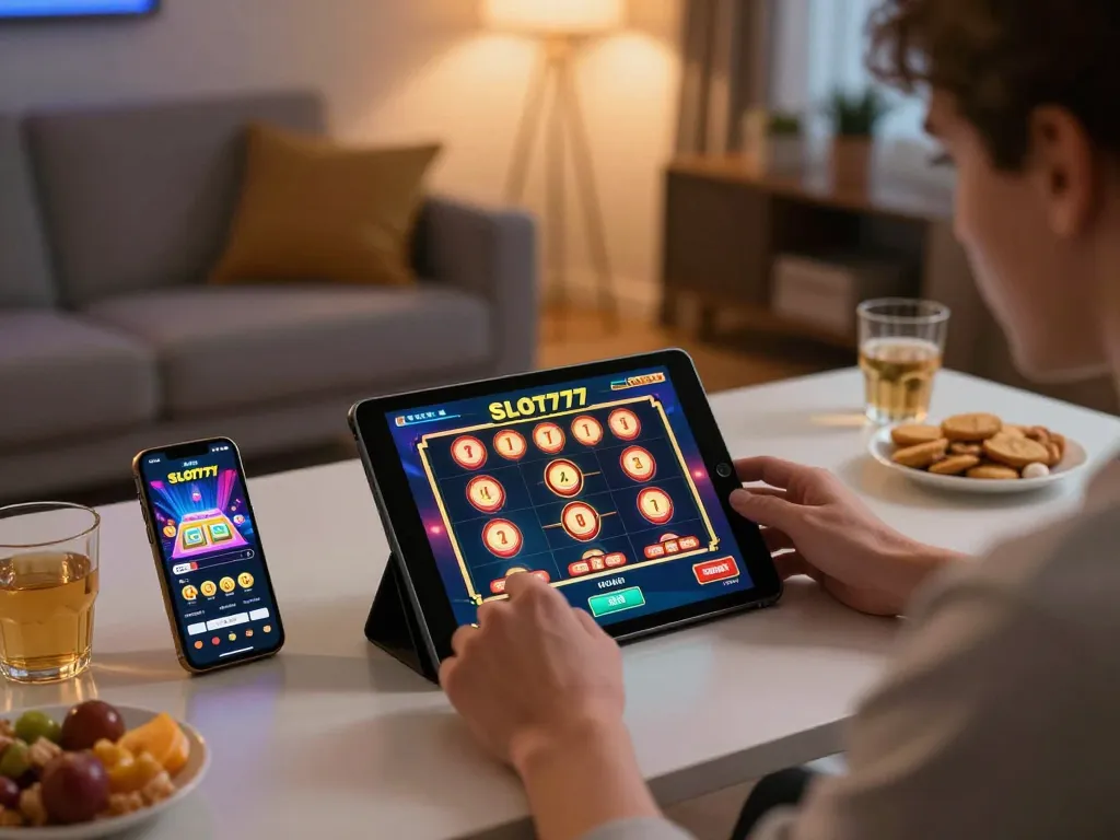 SLOT777 player engaging with online slots on a tablet, enjoying the excitement of digital gambling