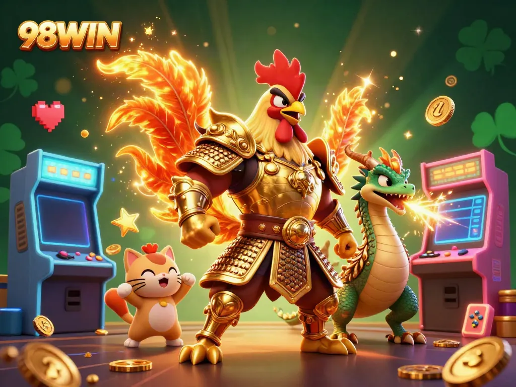 98WIN showcases a powerful rooster warrior and dragon hatchling in a vibrant casino setting.