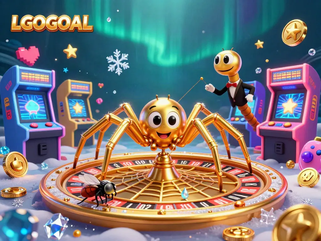 Bet on LGOGOAL with a playful golden spider and croupier in a vibrant casino scene.