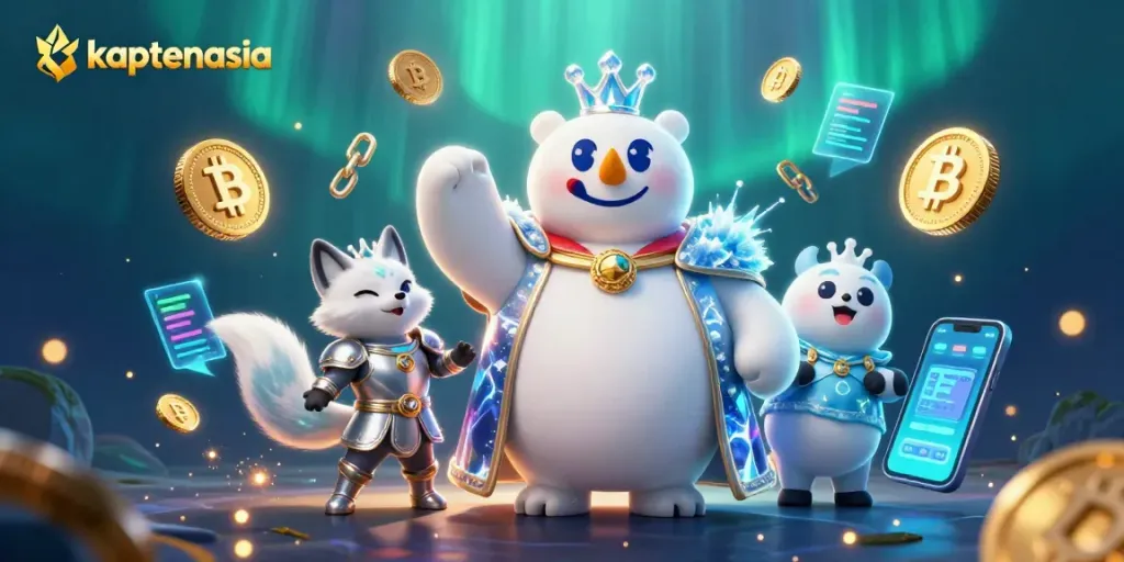 Experience gaming excitement with kaptenasia's vibrant 3D illustration of animated characters in a crypto casino.