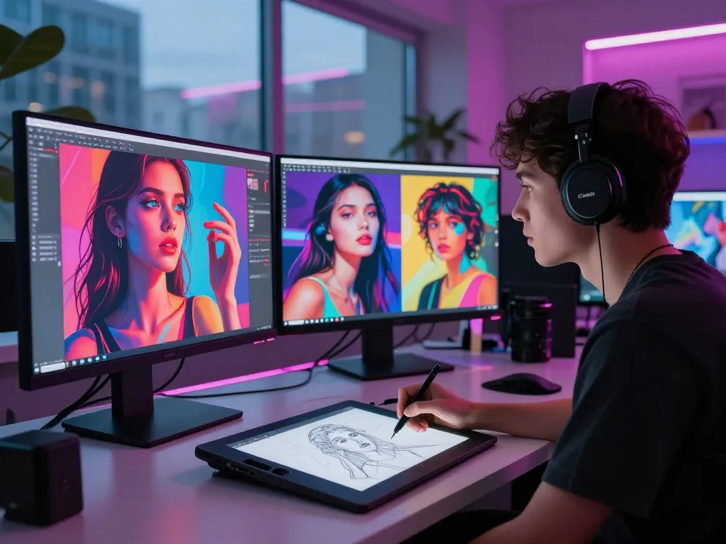 Artist creating AI porn visuals at a modern digital workspace with vibrant imagery.