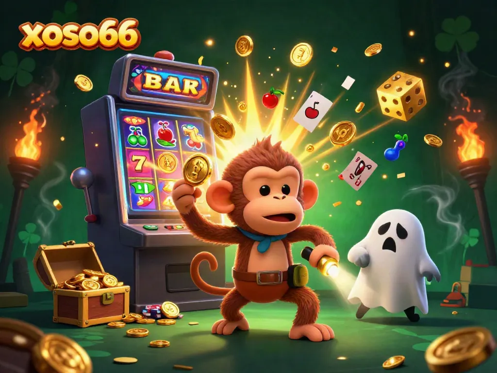 Join the fun with xoso66 as a mischievous monkey juggles gold in a thrilling casino scene.