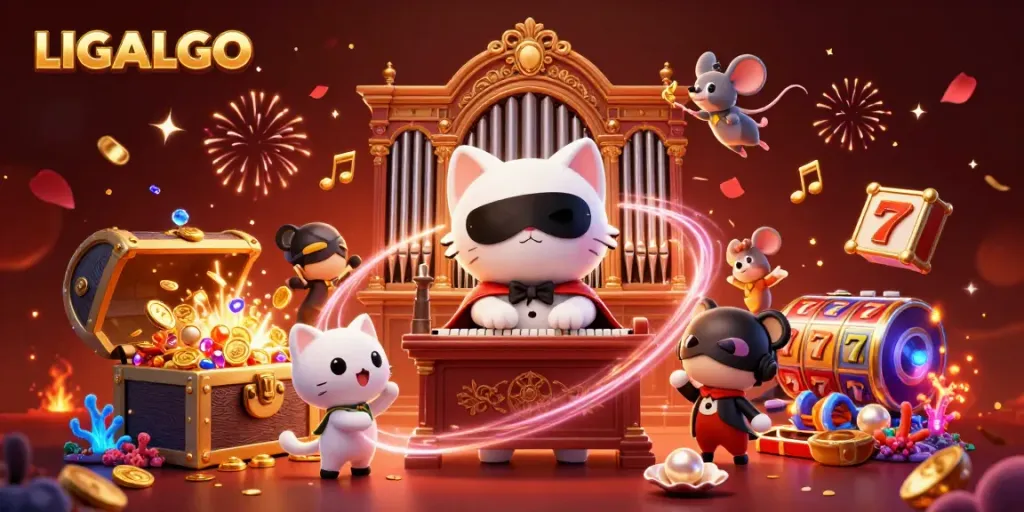 Engage with LIGALGO's vibrant 3D casino scene featuring a masked cat and mouse acrobat amidst gold coins and celebration.