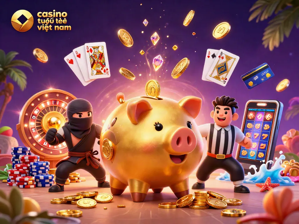 Chơi tại casino trực tuyến Việt Nam với piggy bank khổng lồ và các nhân vật hấp dẫn.