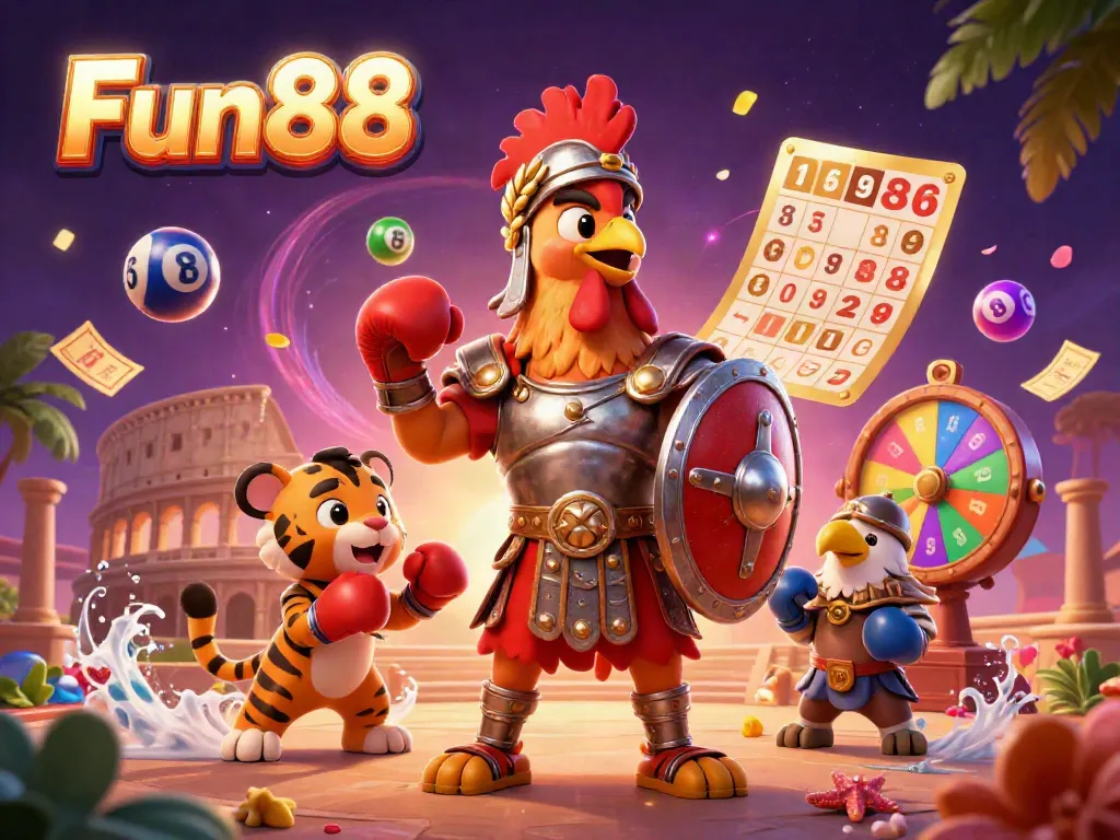 Experience exciting Fun88 gaming with a gladiator rooster and cub in an energetic casino arena.