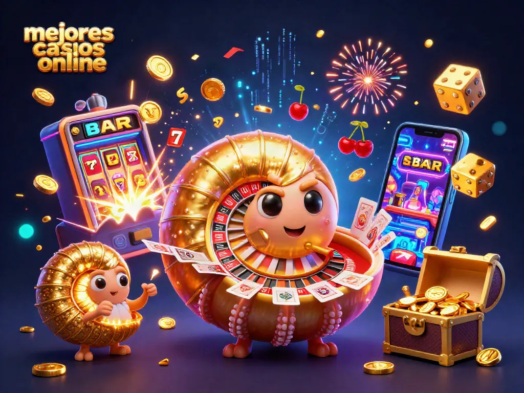Conoce los mejores casinos online en España con esta ilustración vibrante y dinámica, donde un nautilus actúa como ruleta.