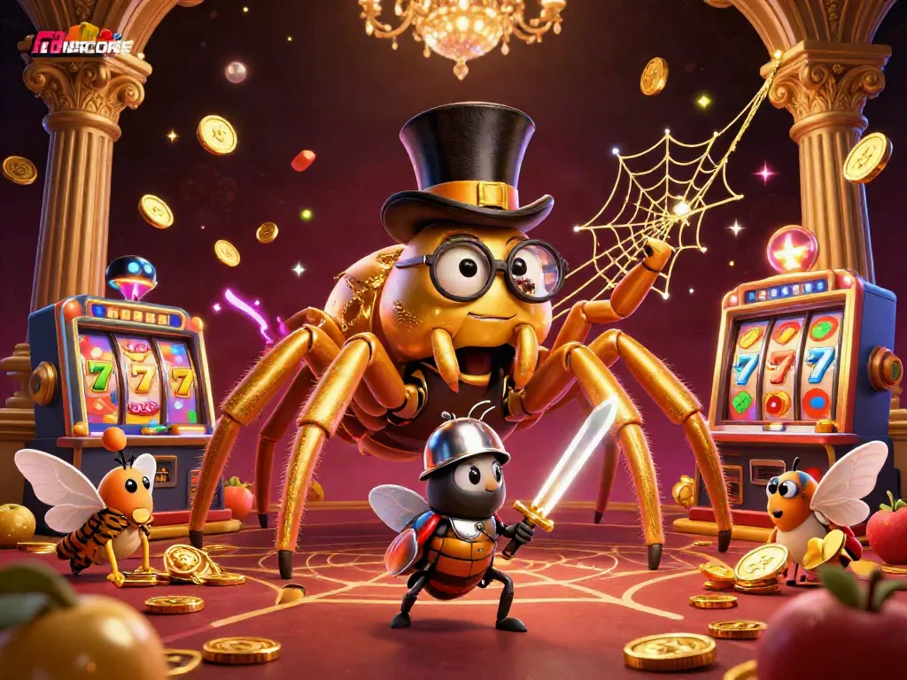 IDNSCORE immersive experience showcasing a golden tarantula weaving amidst slot games with vibrant characters.