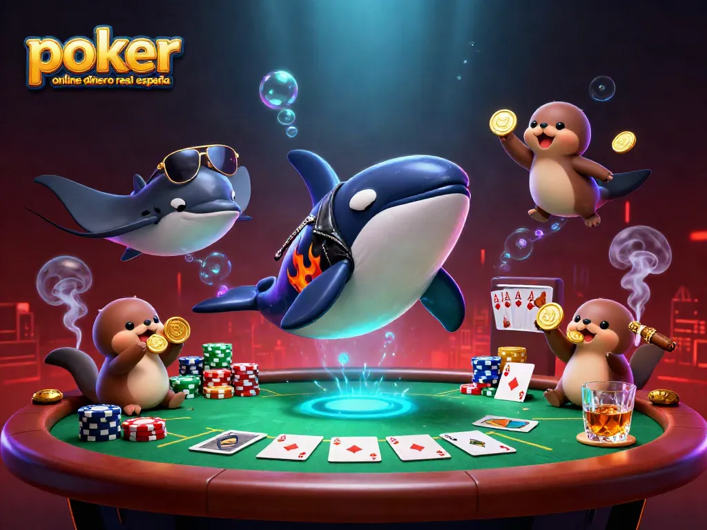 Juega al poker online dinero real en España con estilo en esta escena animada vibrante.