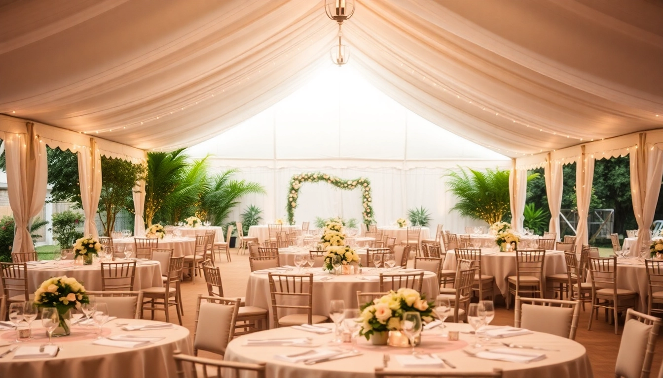 Elegant wedding tent chair & table rentals setup creates a magical atmosphere for celebrations.