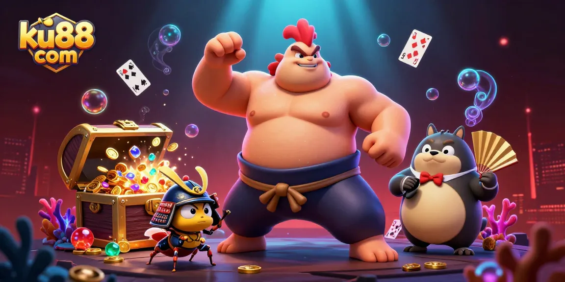 Join the action at ku88 com with vibrant casino elements and 3D characters showcasing the thrill of online gambling.
