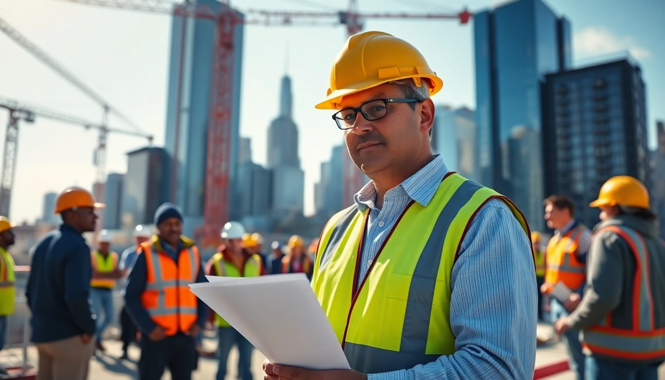 New York City Construction Manager coordinating activities at an active site with city skyline.